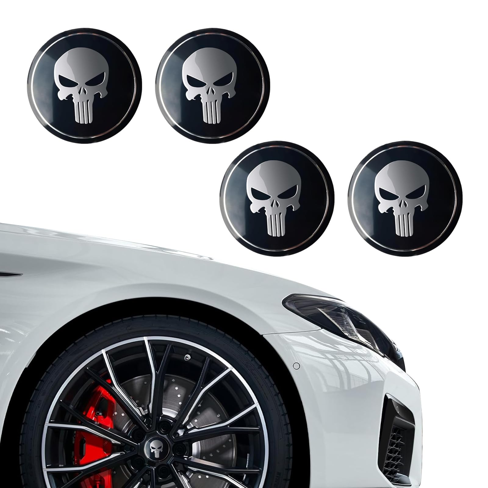 4 PCS Wheel Hub Center Cap Sticker, Personalized Tusked Skull Tire Decoration Round Emblems, Flat Metal Rust-Proof Fade-Proof Decals, Universal for Most Cars Trucks (Black)