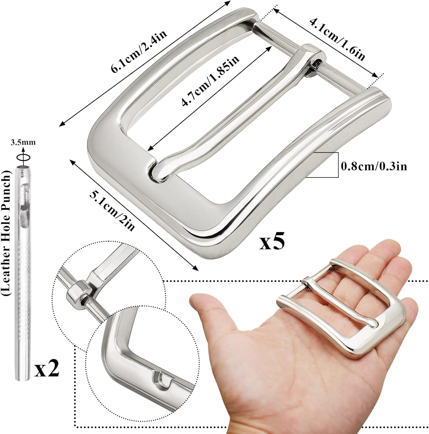 QuneusHot 5 Pieces 1.5 Inches(38 mm) Belt Buckles Replacement Single Prong Square Buckle Set Heavy Duty for Belt Men Women - Image 2