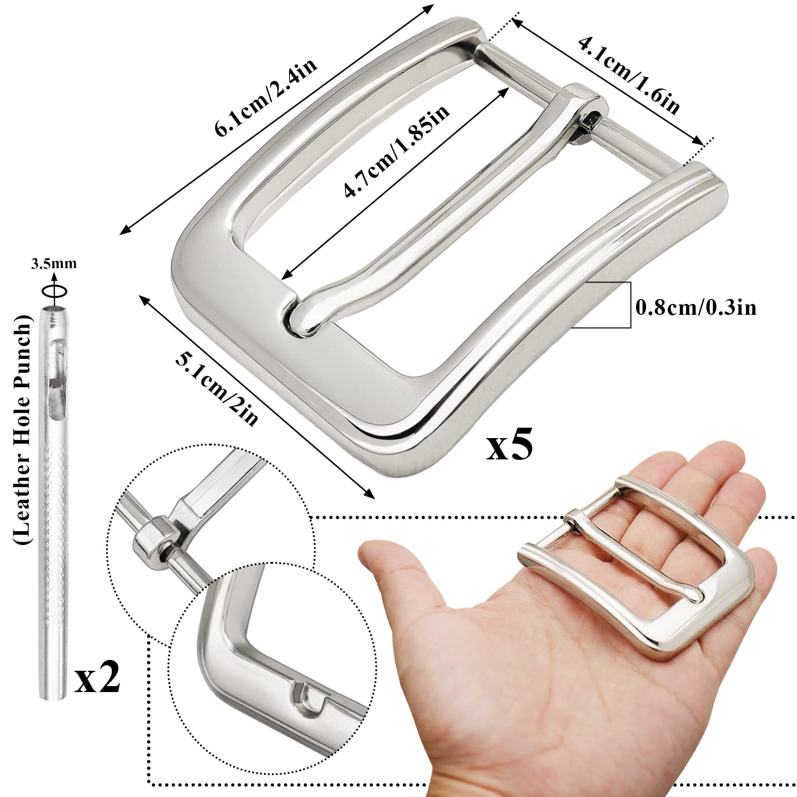 QuneusHot Juego de 5 hebillas de cinturón de 1.5 pulgadas (38 mm) de repuesto de hebilla cuadrada de una sola punta resistente para cinturón hombres y mujeres