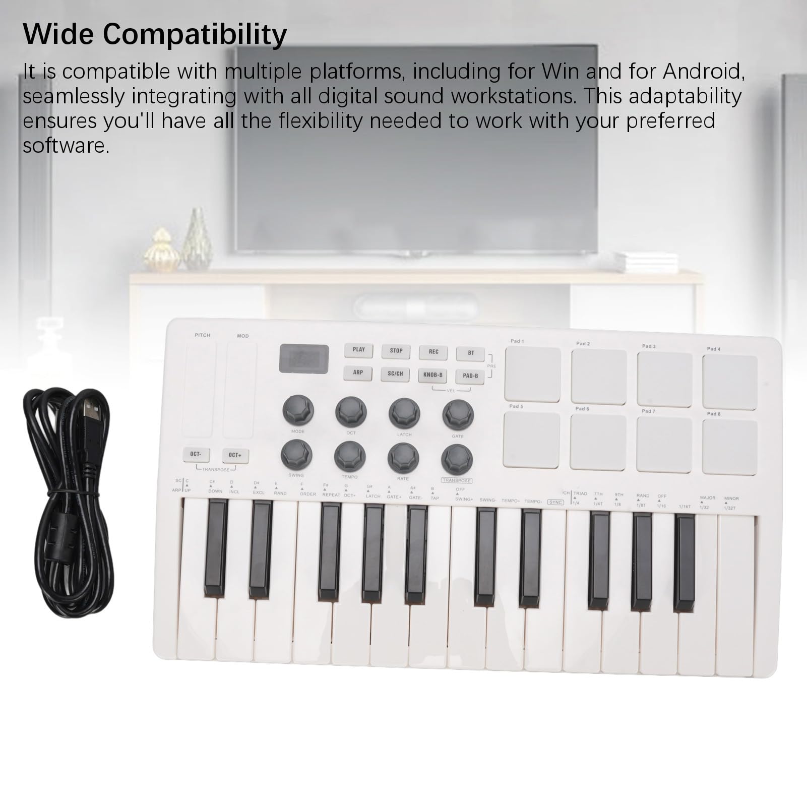 Controlador de Teclado MIDI Bluetooth Portátil, Controlador MIDI de 25 Llaves con 8 Almohadillas de Batería Retroiluminadas y 8 Perillas, para Producción Musical de Músicos