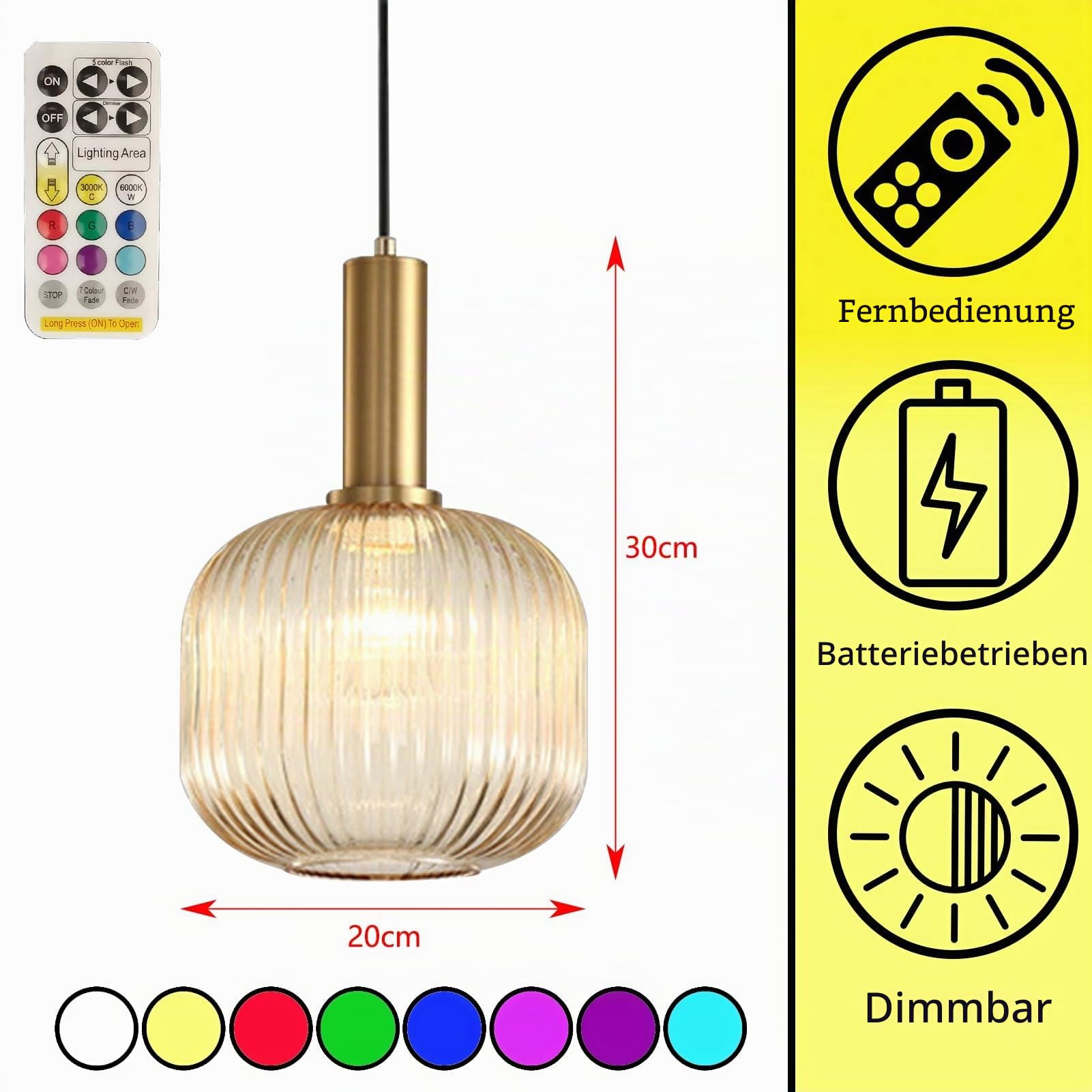 Moderne stil Ohne Stromanschluss Hängelampen mit batterie,Batteriebetriebene Glas Pendelleuchte mit Fernbedienung,Kabellos Hängelampe RGB Farben dimmbar,wiederaufladbare Beleuchtungsvorrichtung.(Amber