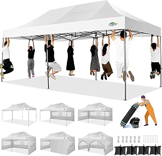 COBIZI 10x20 Heavy Duty Pop up Canopy Tent with 6 sidewalls Easy Up Commercial Outdoor Wedding Party Tents for Parties All Season Wind & Waterproof Gazebo Roller Bag, White(Frame Thickened)