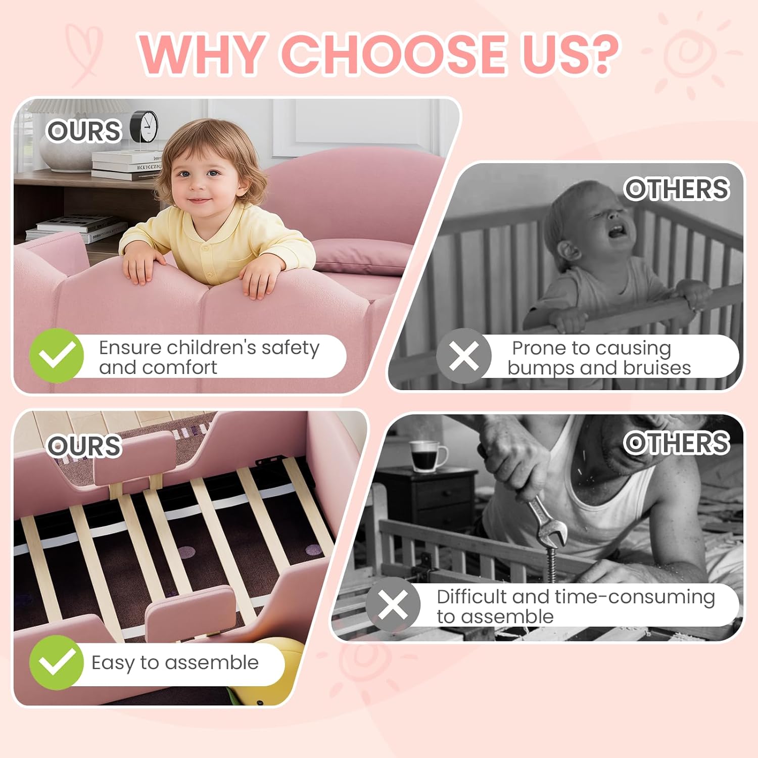 EROMMY Toddler Bed, Child Bed for Kids with Extra Safety Broad, Standard Crib Size Toddler Bed, Certified Fabric Toddler Beds,Toddler Flood Bed No Mattress(Pink)