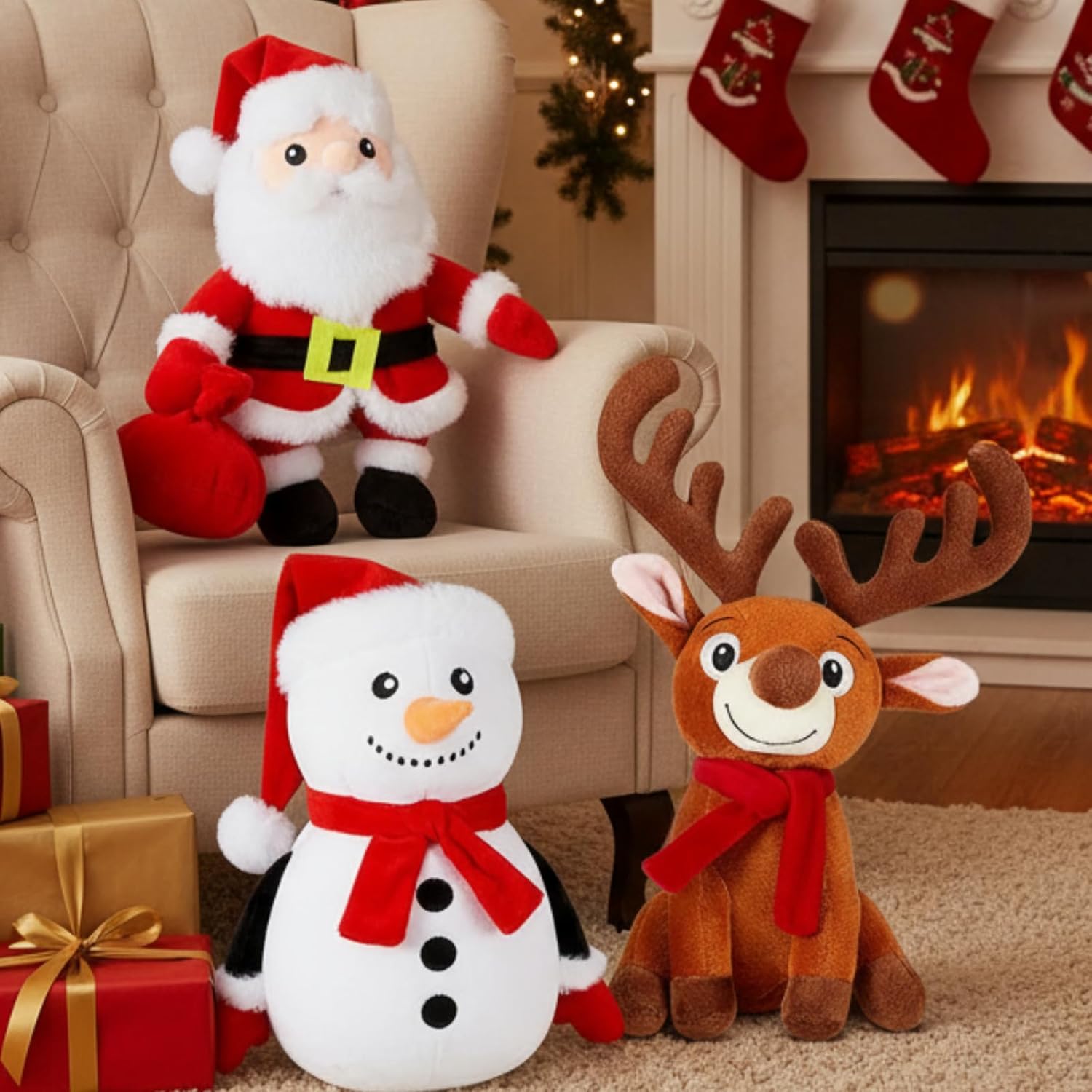 Poen 3 Pcs 11 Inch Christmas Stuffed Animals Set Santa Claus Snowman Reindeer Plush Pillow, Christmas Plush Doll Toys Decorations Stuffed Gift for Family Friends Xmas Party Favors (Retro Style)