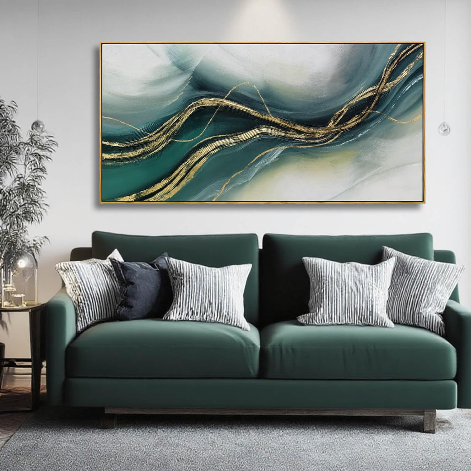 Green and Gold Abstract Wall Painting 29x58 Inch, Large Framed Canvas Artwork with Wooden Frame, Contemporary Home Accents for Bedroom Dining Room or Hallway - Image 6