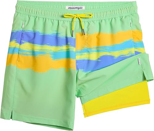 maamgic 7 Inch Mens Swim Trunks with Compression Liner Board Shorts with Zippere