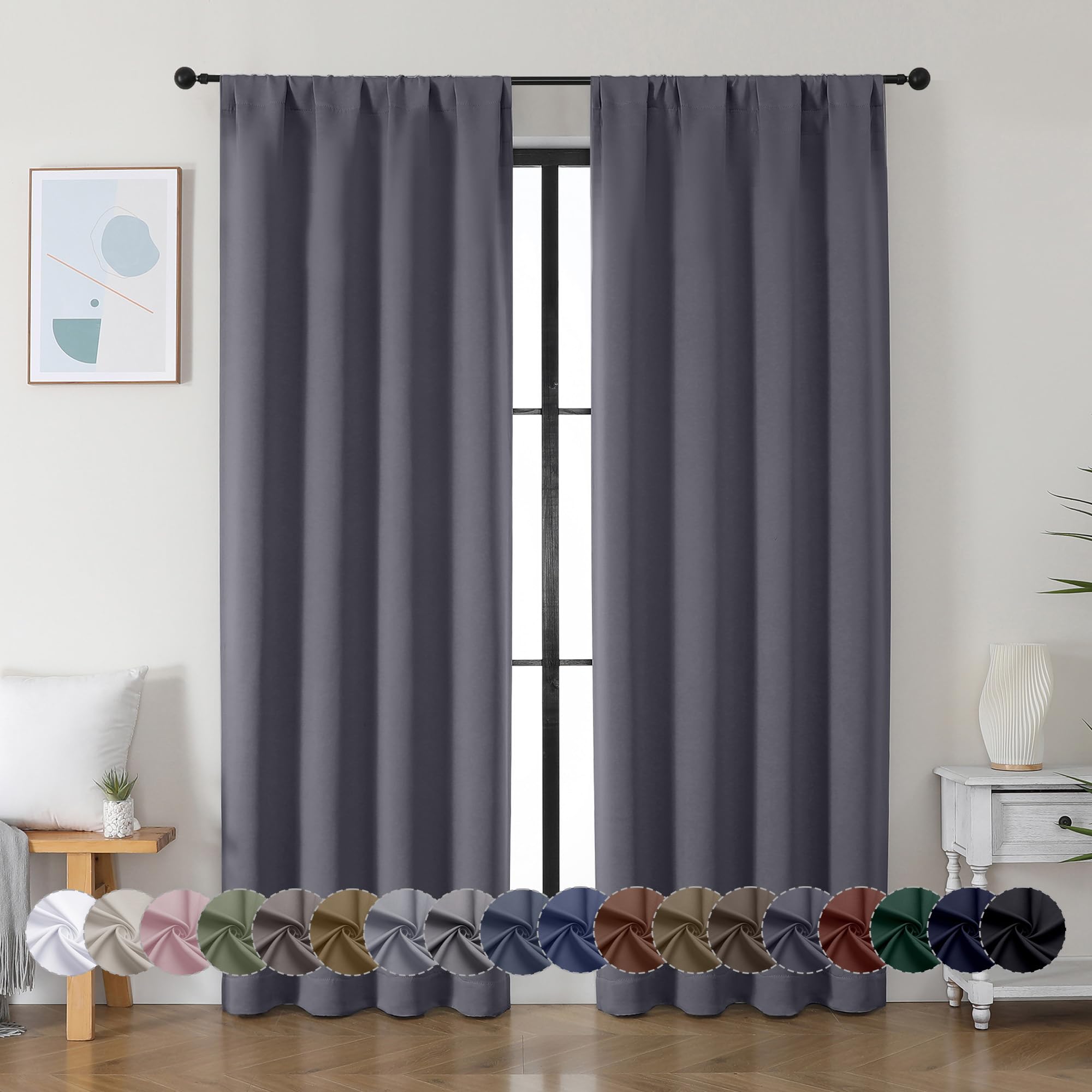 Simplebrand Ava Grey Blackout Curtains for Bedroom 84 Inch Length 2 Panels Set, Solid Thermal Insulated Privacy Living Room Window Treatment Curtains