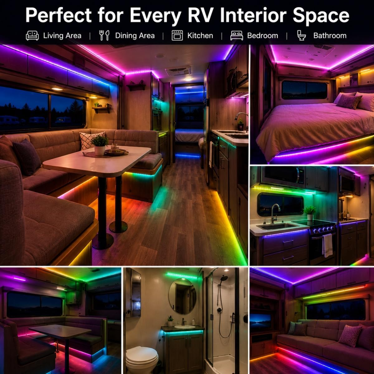 RV Awning Lights Strip 100FT, 12V RGB Camper Underglow Led Strip Lights