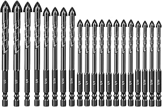SUNJOYCO 20 PCS Masonry Drill Bit Set, 4 Blade Hex Shank Tungsten Carbide Drill Bits for Tile Concrete Ceramic Wood Glass Marble, 3/16″, 1/4″, 5/16″, 3/8″, 1/2″