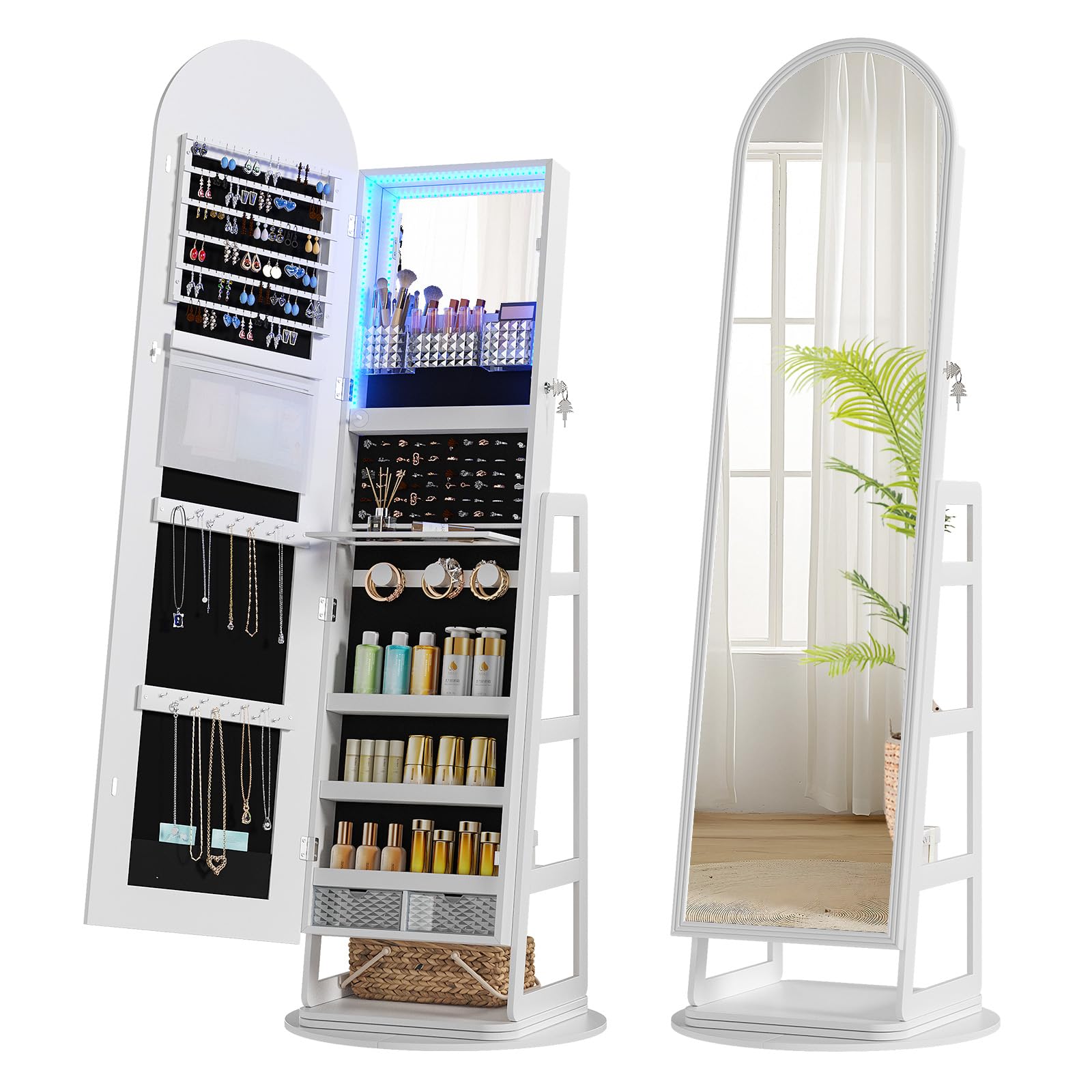 TAGELIER Schmuckschrank mit LED Spiegel, 360° Drehbarer Schmuckhalter Organizer mit Bogen Ganzkörperspiegel, Stehendes Schmuckkabinett mit mit hinteren Regalen & Haken, Abschließbar