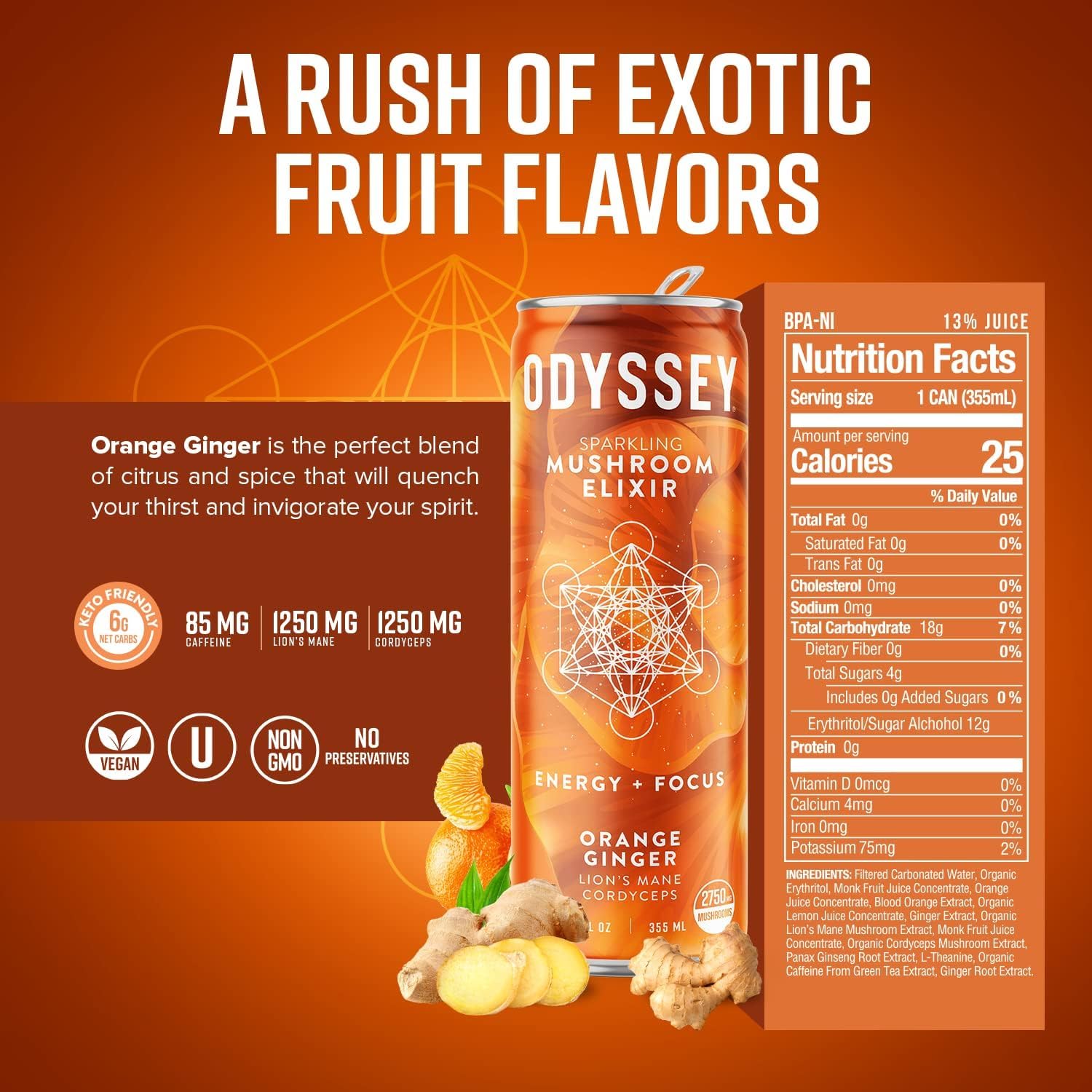 Odyssey Elixir Sparkling Adaptogen Drink, Low Calorie Drinks with L Theanine, Lions Mane, Cordyceps and Green Tea Caffeine for Energy and Focus, Non-GMO, Vegan,12 Fl oz, 4 Pack (Orange Ginger) - Image 2