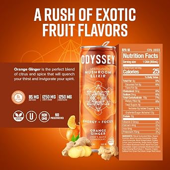 Odyssey Elixir Sparkling Adaptogen Drink, Low Calorie Drinks with L Theanine, Lions Mane, Cordyceps and Green Tea Caffeine for Energy and Focus, Non-GMO, Vegan,12 Fl oz, 4 Pack (Orange Ginger)