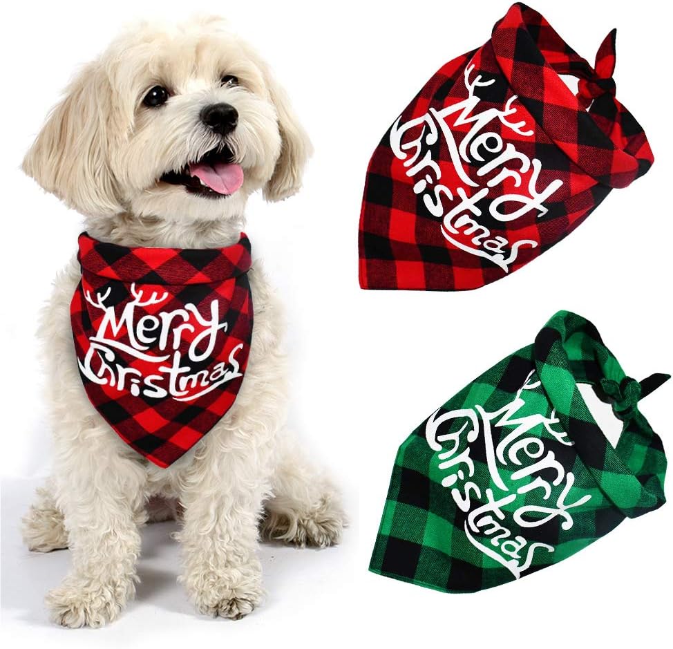 Yoochee 2 Pack Dog Christmas Bandana, Classical Buffalo Plaid Pet Bandana, Reversible Scarf Triangle Bibs Kerchief Set