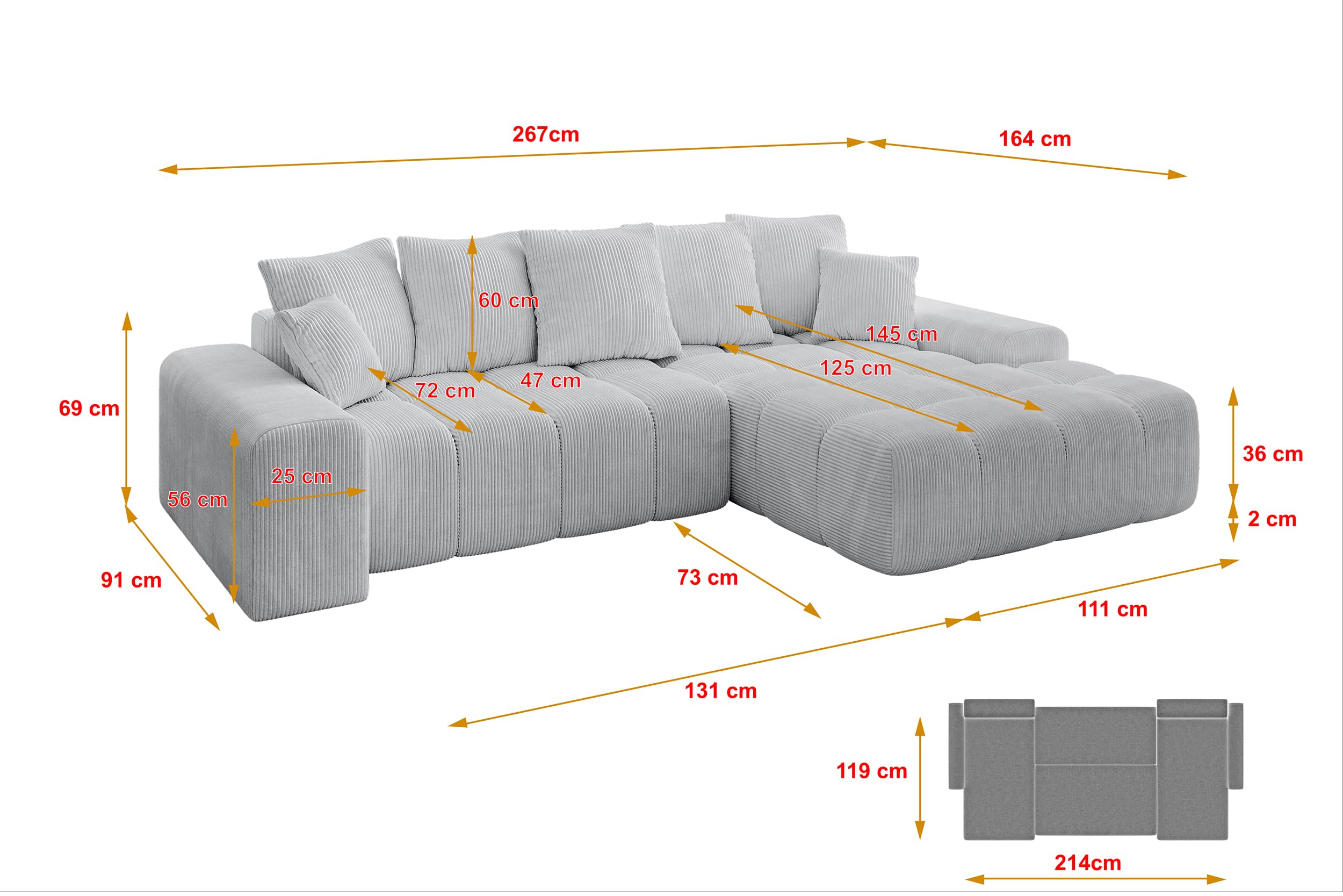 ALTDECOR Ecksofa mit Schlaffunktion L-Form ENSI-L 267x164x69 - Grau