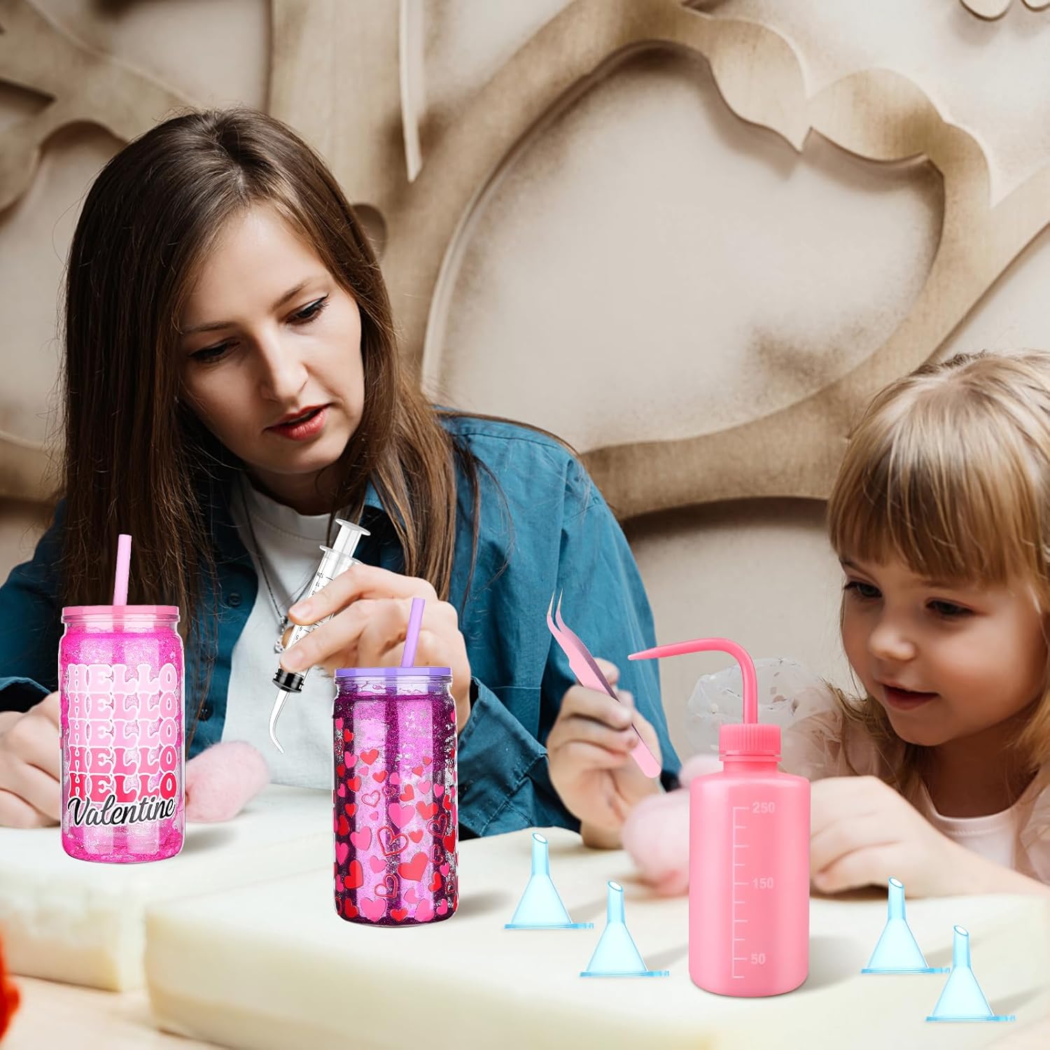 33 Pcs Valentine's Day Globe Tumbler Supplies-16 oz Plastic Snowglobe Cups Squeeze Bottle Bent Spout Syringe Tweezers Funnels Powder Scraper Cup Holder Stickers for Glitter Snow Globe DIY - Image 7