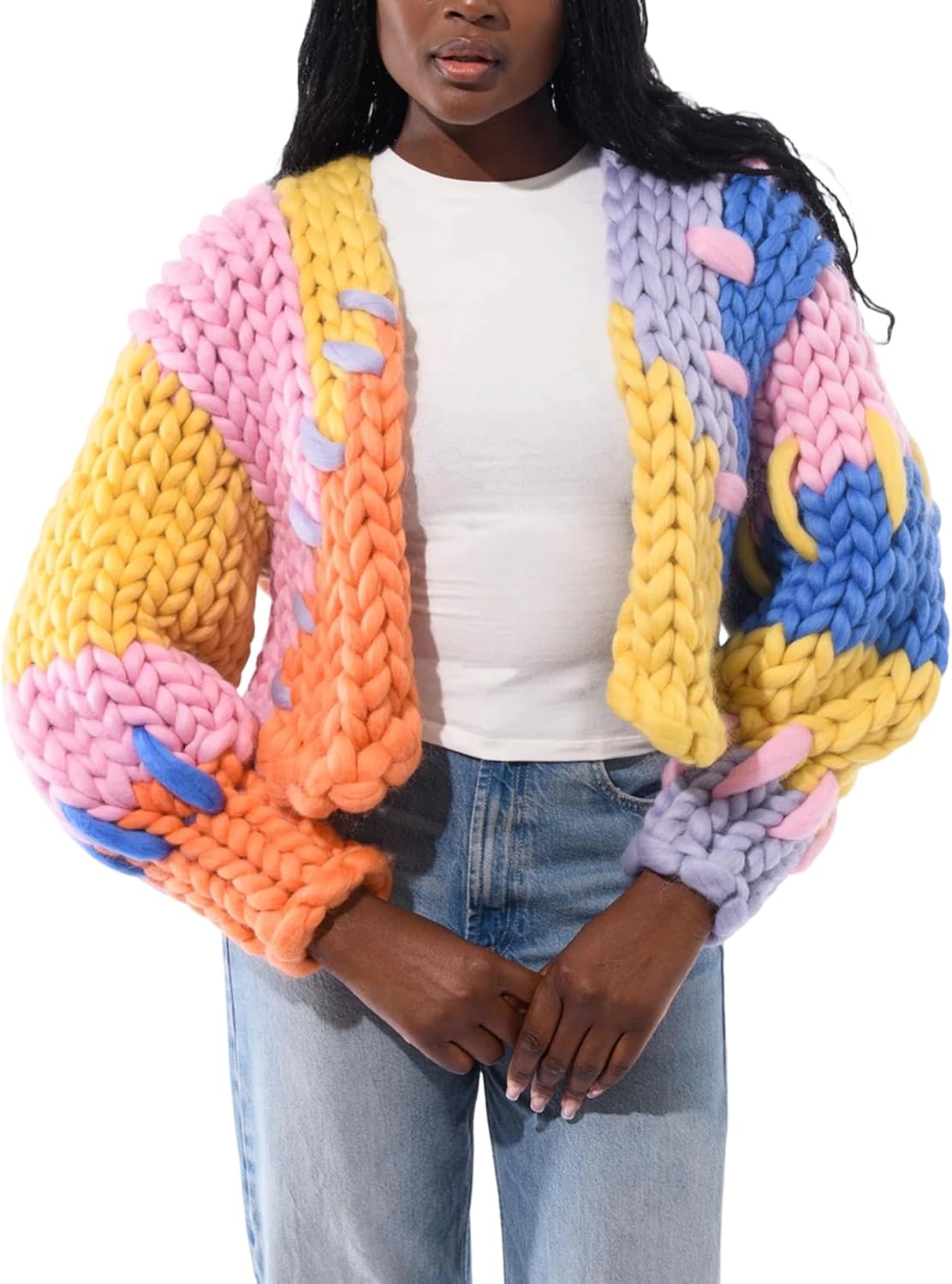 Oversized Womens Cardigan Chunky Knit Long Sleeves Patchwork Color Slouchy Boxy Heavyweight Sweater