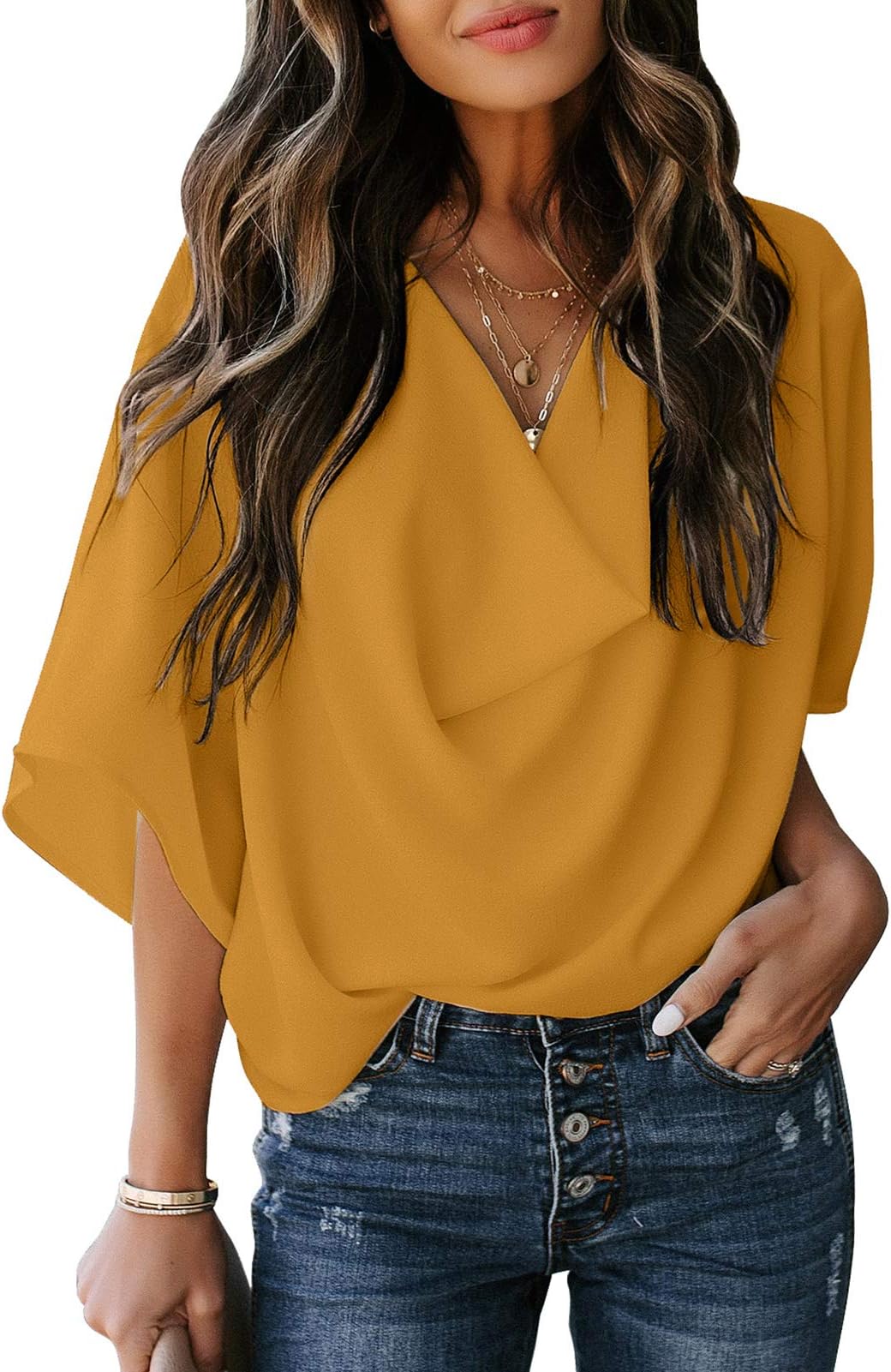 LookbookStoreWomen's Casual Draped V Neck 3/4 Bell Sleeve Loose Shirt Blouse Top
