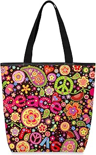 Sacolas de lona com zíper e bolso interno, bolsa de ombro feminina casual bolsa de mão flor de sinal de paz, bolsas de compras reutilizáveis para cozinha, sacolas de lona para uso para livros, sacolas de compras, sacolas de presente, Multicor