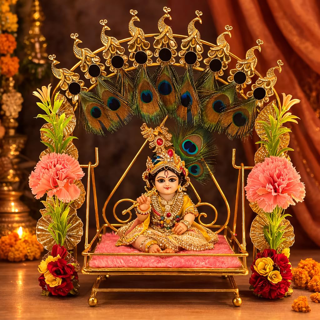 AGAAS ENTERPRISES Laddu Gopal Jhula with Peacock Feather Crown – Handcrafted Metal Krishna Swing with Golden Peacock Arch & Mor Pankh for Janmashtami, Bal Gopal Palna for Home Mandir (Golden, 12 Inch)-image-5