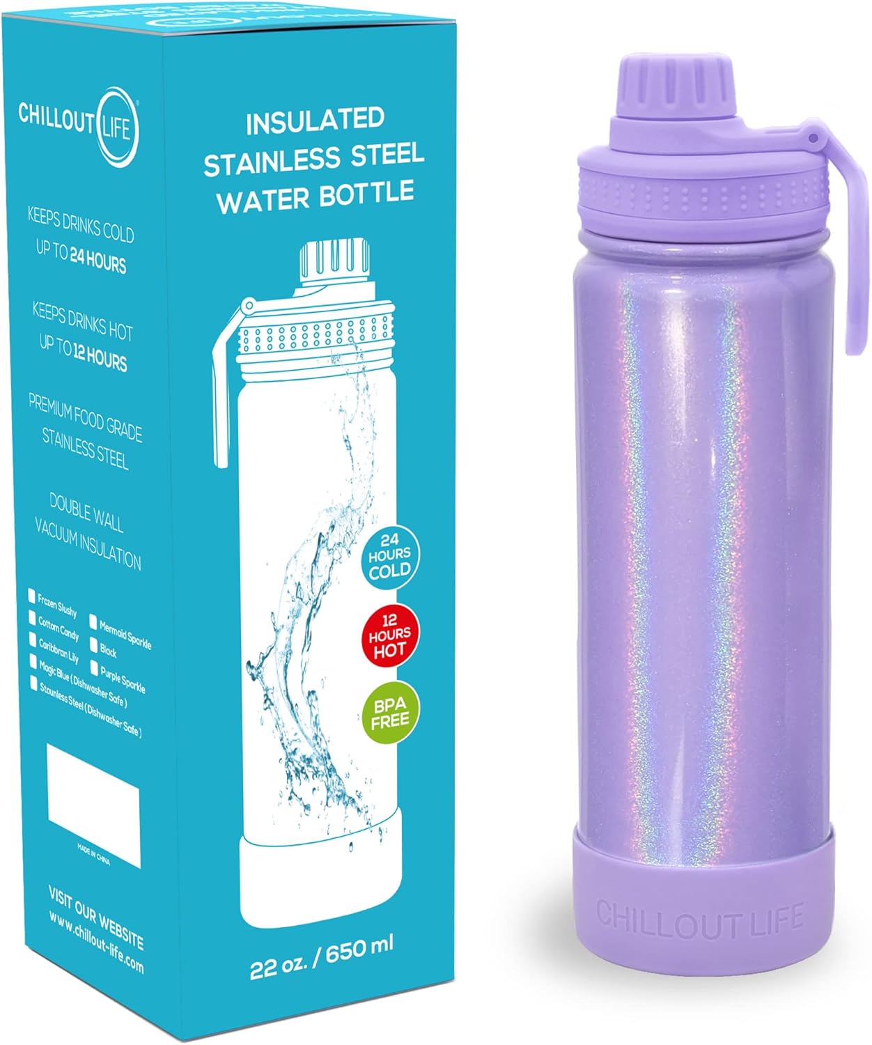 CHILLOUT LIFE 22 oz Kids Insulated Water Bottle for School with Leakproof Spout Lid and Cute Waterproof Stickers, Personalized Stainless Steel Thermos Flask Metal Water Bottle, Purple Sparkle - Image 2
