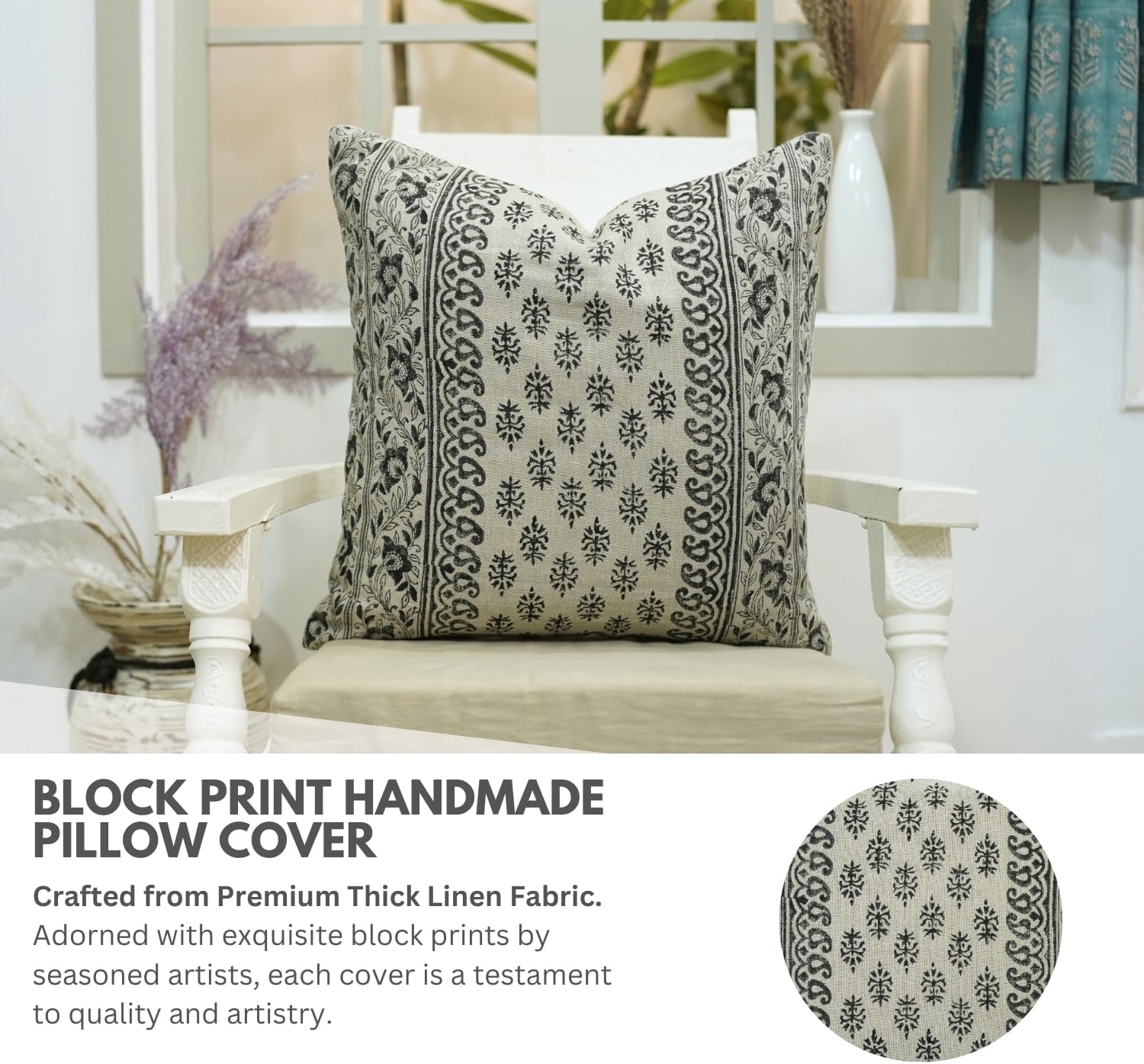 Handmade Thick Linen Floral Black Block Print Soft Plush Fabric Pillow Cover Perfect for Fall Decoration, Spring Winter Rectangle Shape 12X20 Inch Gift Cushioncase, Flower Buta