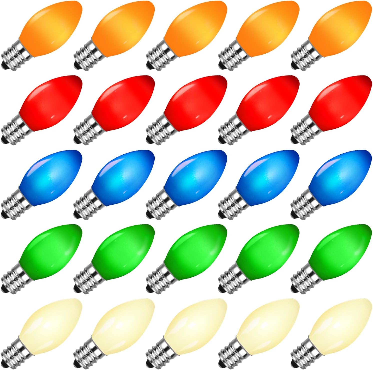 25 Pack C7 LED Light Bulbs, Multicolor Vintage Christmas Bulbs LED E12 Base Light Bulbs, for C7 String Lights Replacement Bulbs & Christmas Tree Porch Yard Home Colorful Lights Decor, 0.6W