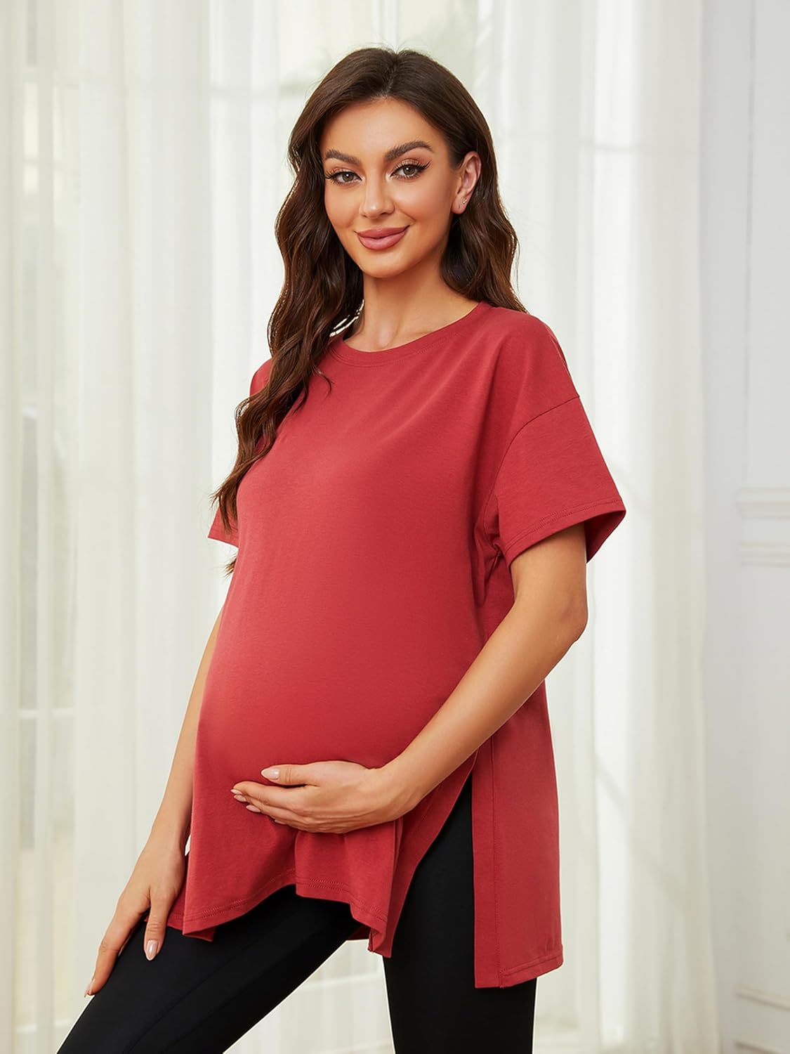 Ecavus Women's Casual Maternity Shirts Split Side Pregnancy Tops Blouses Short Sleeve Loose Fit Maternity Clothes - Image 5