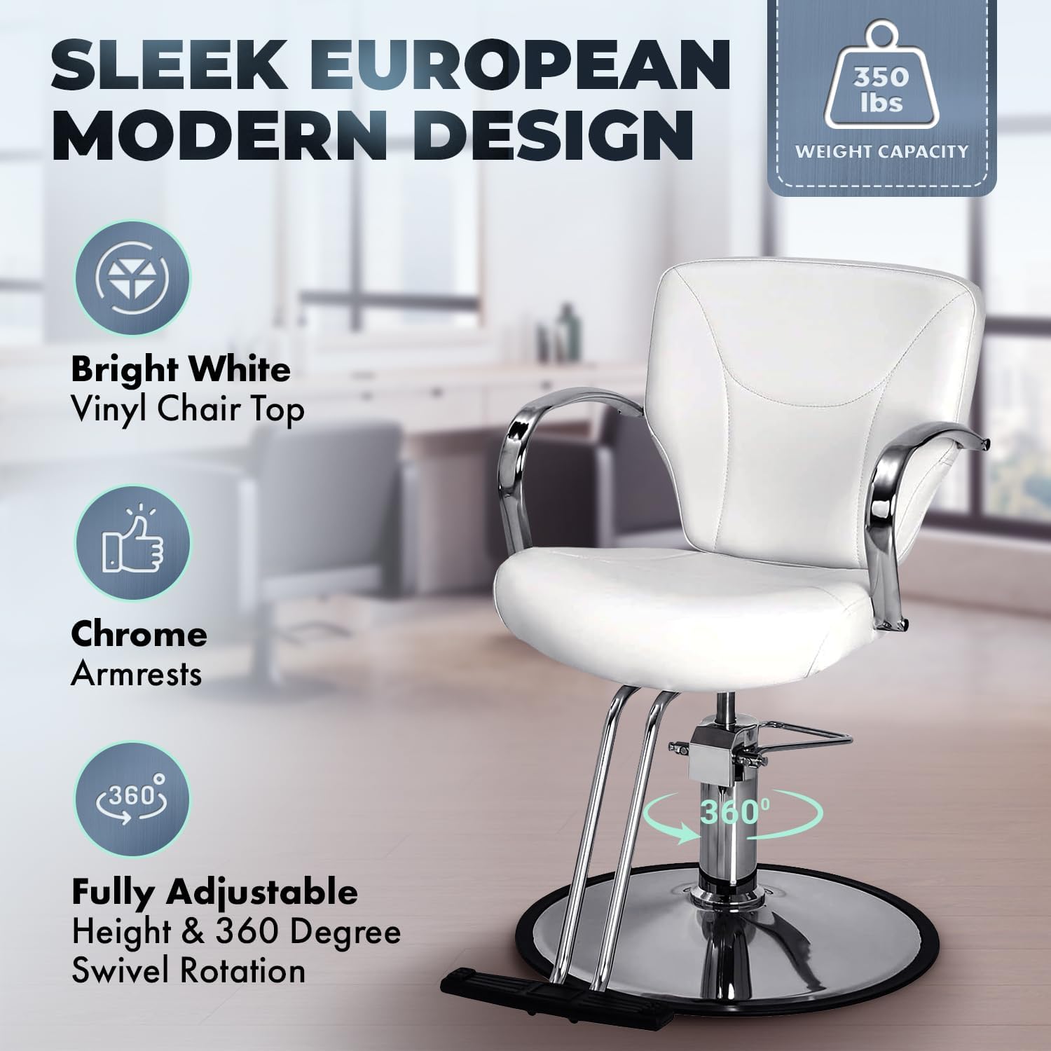 Buy-Rite Arctic Styling Chair - Modern European Salon Chair with Chrome Armrests, Extra-Wide White Vinyl Seat, T-Bar Footrest, 360° Swivel, Hydraulic Lift, Steel Frame, SY-6262White