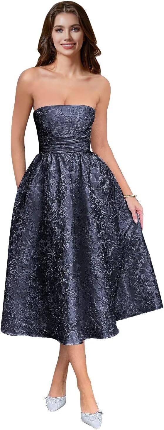strapless open back dress Blue Floral Satin Mermaid Prom Dress with High Slit – SS310 – Viniodress main image 0