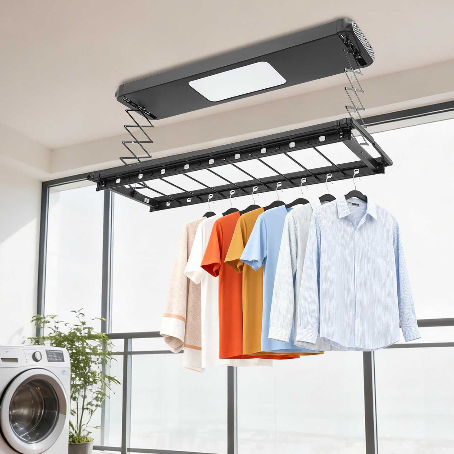 Electric Retractable Airing Rack Gray, 77.16 lbs Ceiling Mounted Clothes Drying Rack with Remote Control and LED Light, Airing Rack with 8 Horizontal Rods for Balconies, Laundry Rooms, Bathrooms