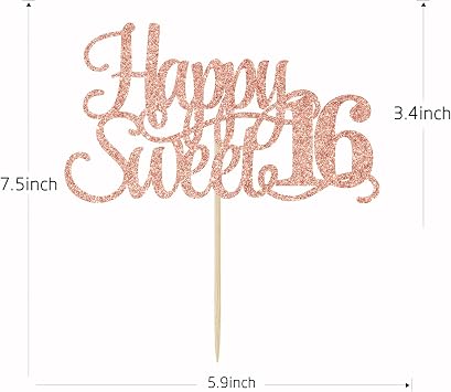 Rose Gold Glitter Happy Sweet 16 Cake Topper - Happy 16th Birthday Cake Decor - Hello 16, Cheers to 16 Years Birthday Party Decoration Supplies