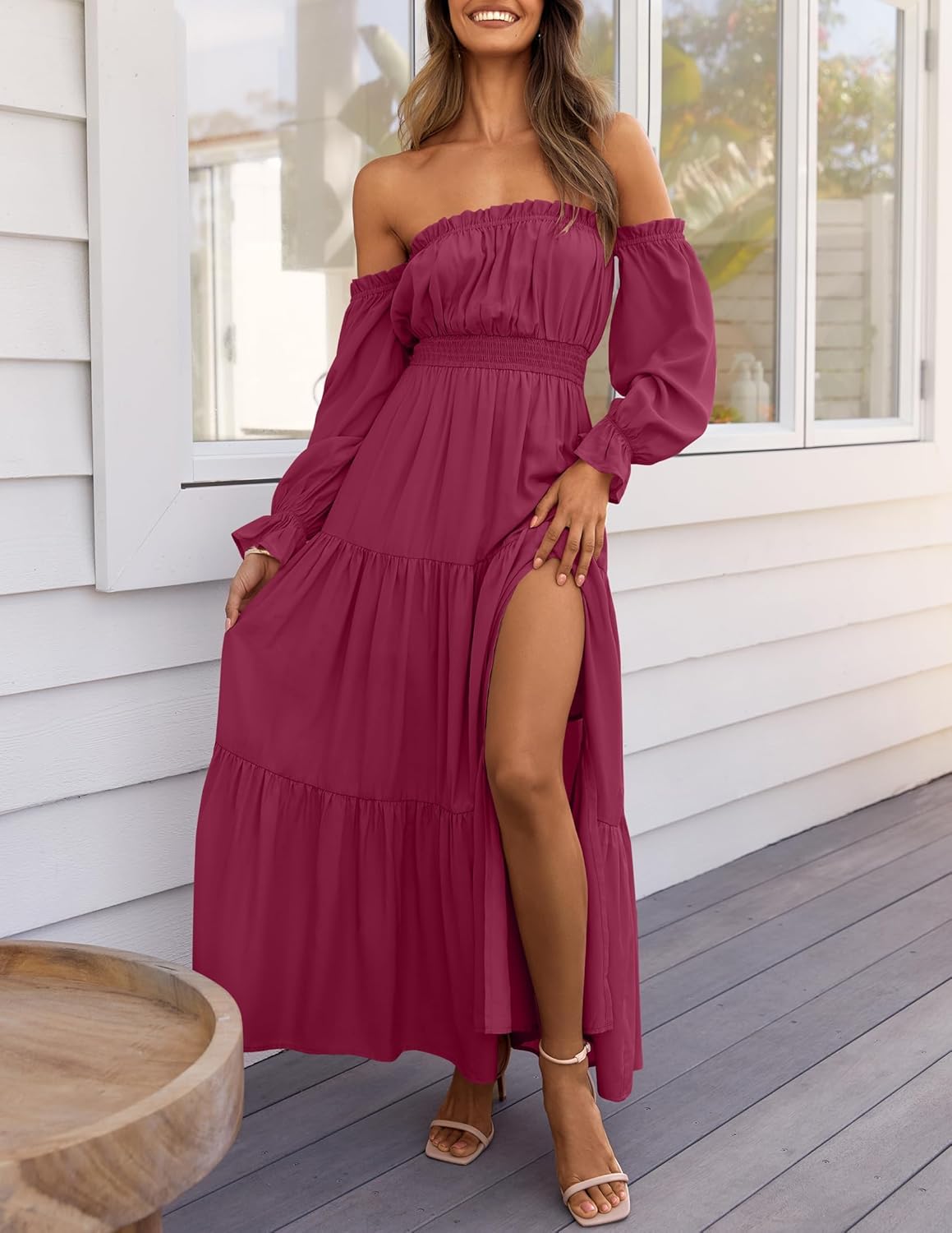 ZESICA Women's Boho Off Shoulder Spring Long Sleeve Dress 2026 High Waist Side Split Sexy Flowy A Line Long Maxi Dresses - Image 2