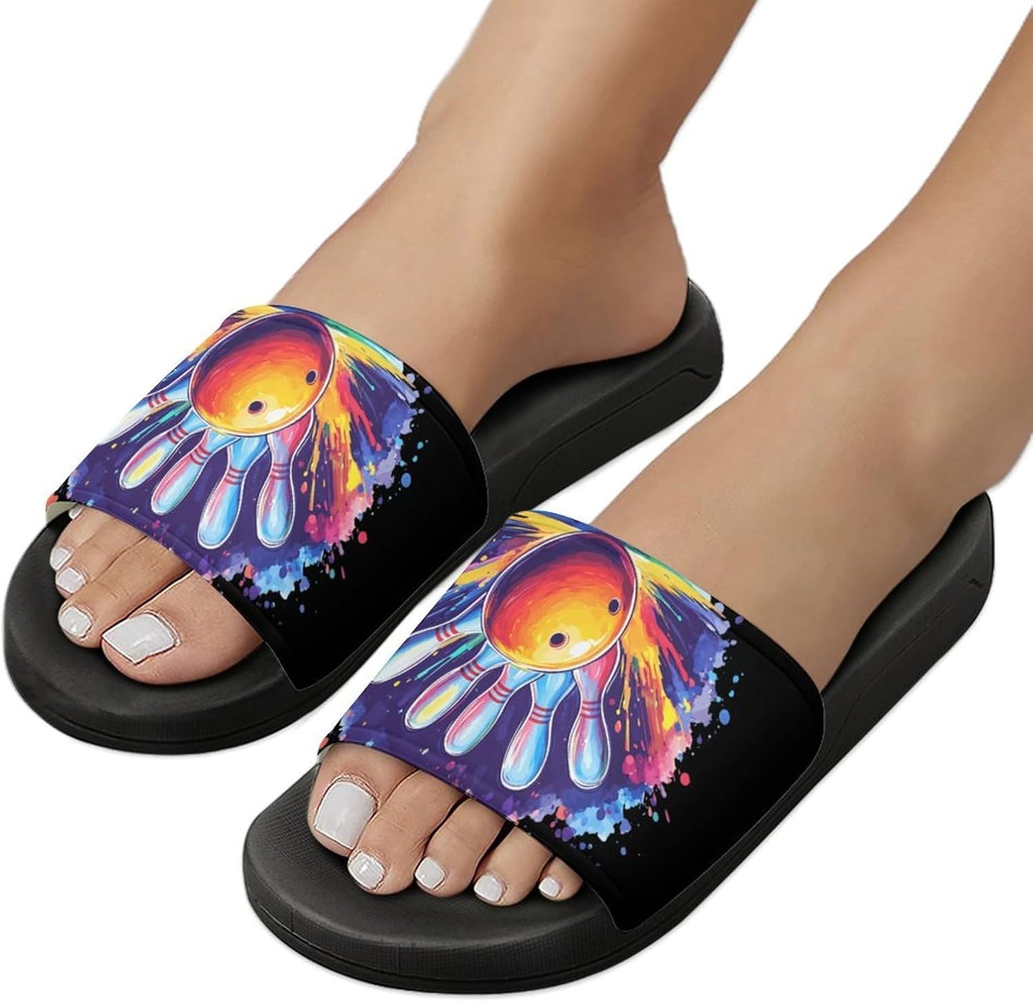 Art Bowling Ball Hitting Pins Men's Slippers Casual Non-Slip Slide Sandals Beach Bathroom Shower Shoes for Women