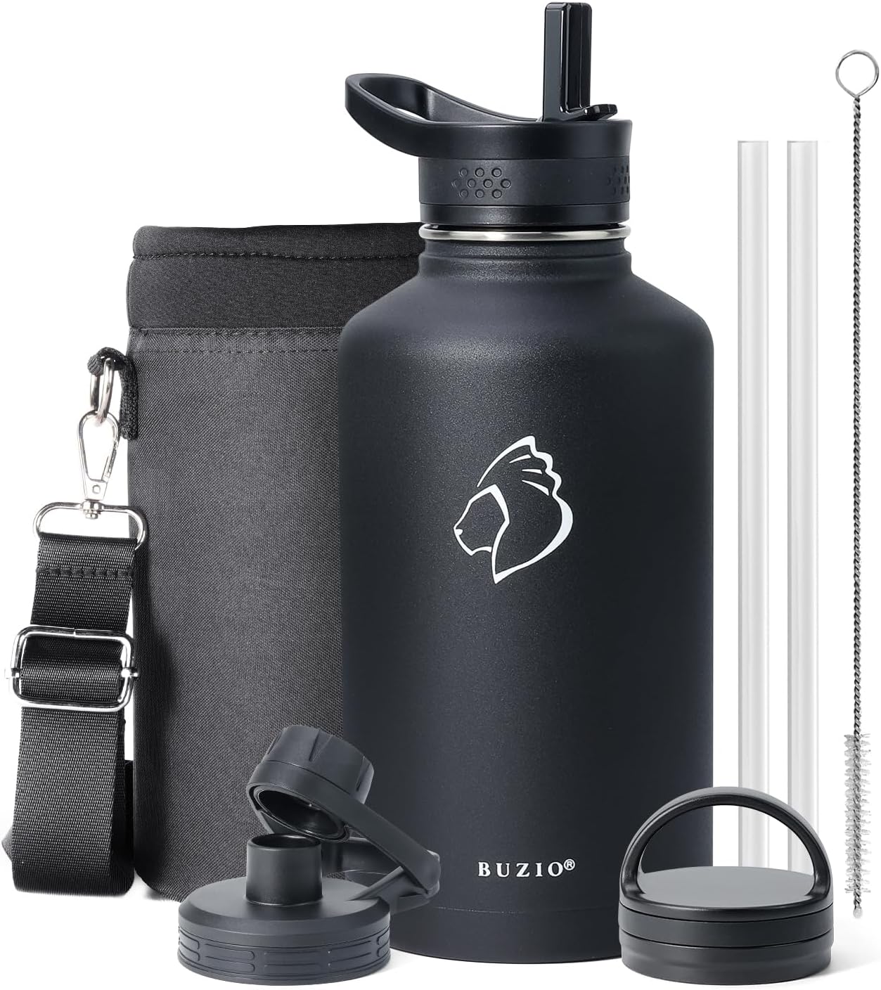 64 oz Water Bottle Insulated with Straw & 3 lid and Carrying Pouch, Leak Proof Half Gallon Stainless Steel Water Flask Jug, Cold for 48 Hrs Double Vacuum Thermo Canteen, BPA-Free, Black