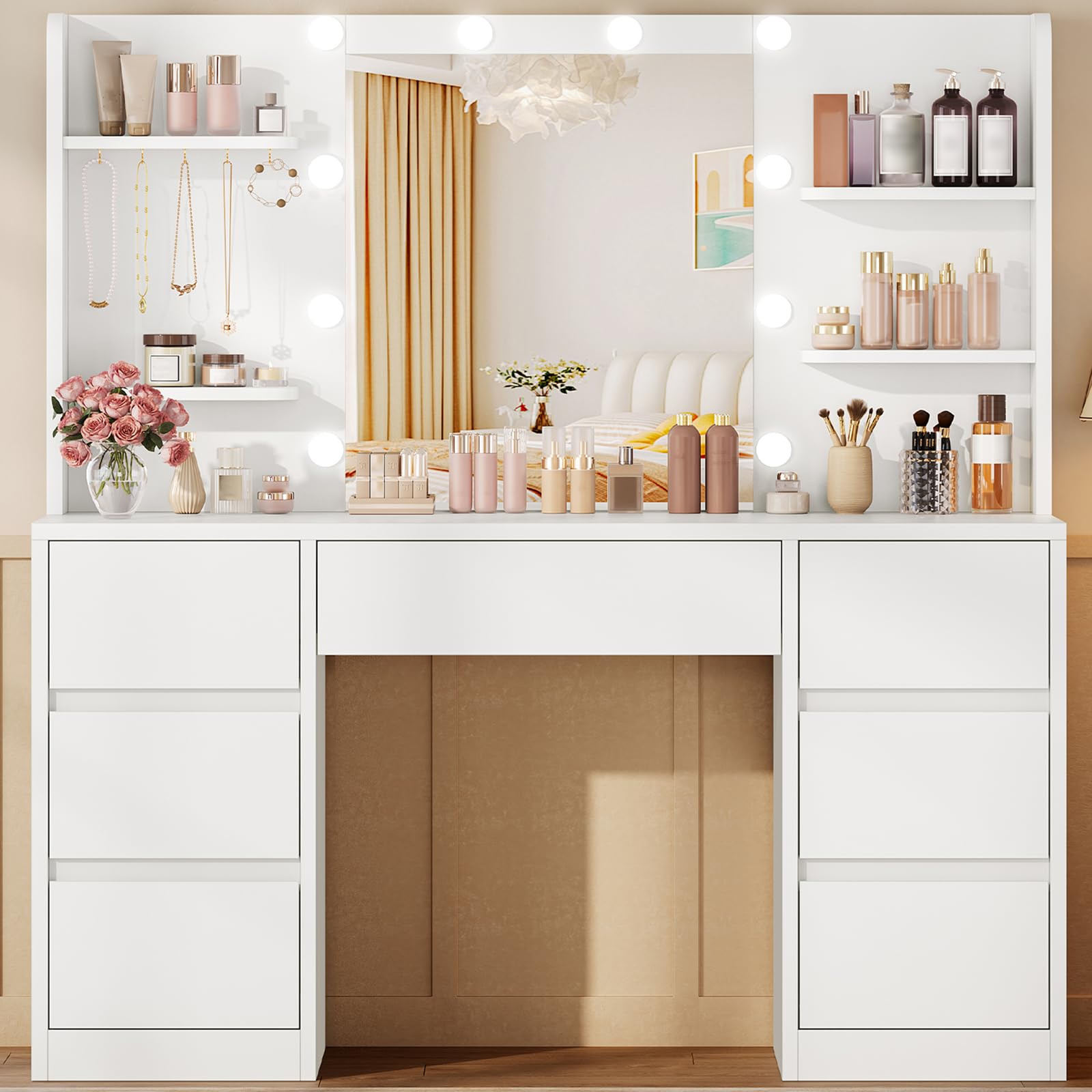 TEENFON Dressing Table with LED Mirror, 10 Bulbs, 3 Light Modes & 6 Brightness Levels, Vanity Makeup Table with 7 Drawers & 8 Storage Shelves, Side Hooks, Minimalist White Makeup Desk for Bedroom