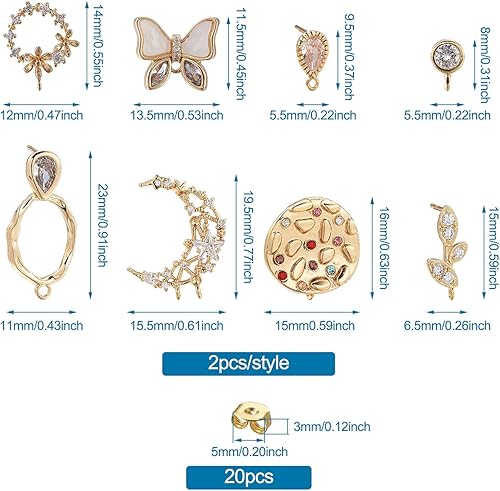 Miniatura 5 de Pandahall - Juego de 16 aretes de latón con circonita cúbica con 20 tuercas de oreja chapados en oro de 18 quilates con lazo para hacer joyas