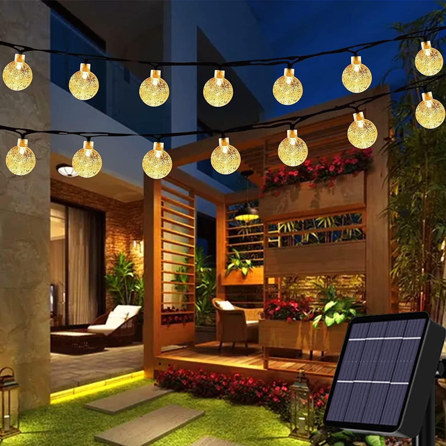 Oreunik Solar String Lights Outdoor, 8 Mode Crystal Ball Outdoor Solar Powered String Lights for Patio, Garden Lights for Yard Porch Wedding Party Decoration (Warm, 50LED)