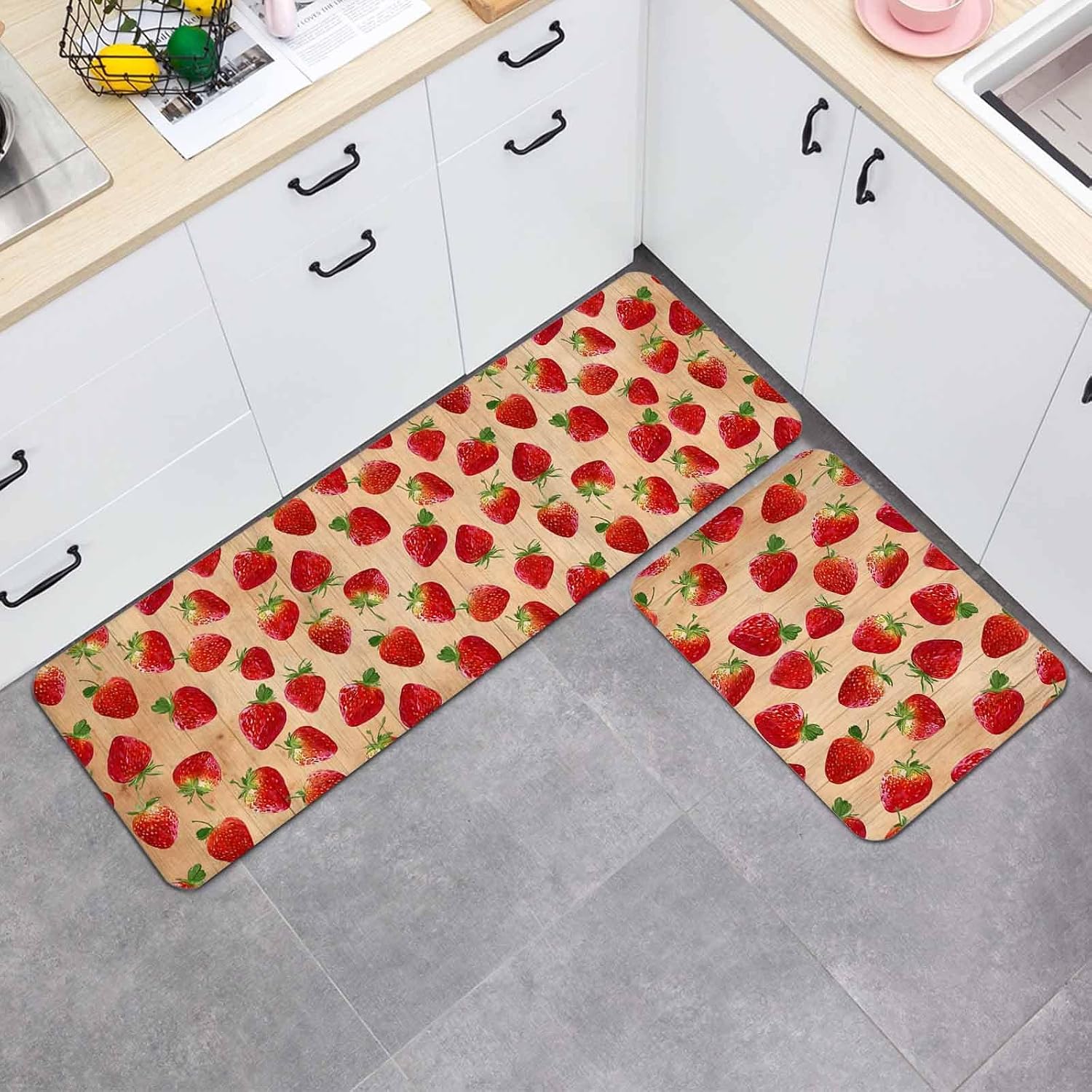 Farmhouse Strawberry Kitchen Mat Set 2 Pieces Red Berry Rustic Country Brown Wood Grain Non Slip Kitchen Rugs Washable Runner Rug Mats for Floor Sink Laundry Office 15.7" x 23.6"+15.7" x 47.2"