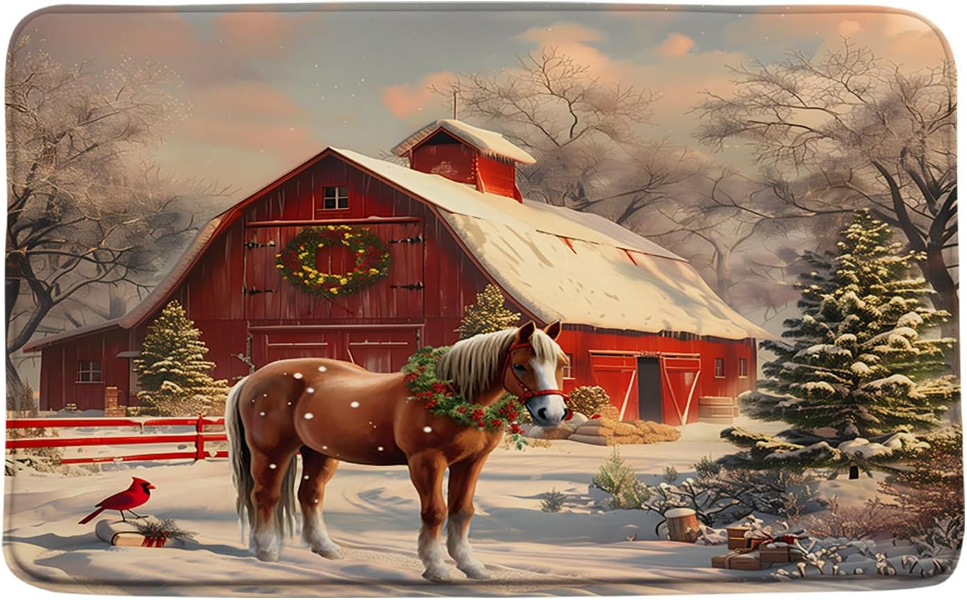 YSATNSFT Farmhouse Christmas Horse Bath Mat Rustic Barn