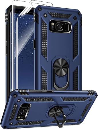 Androgate for Samsung Galaxy S8 Plus Case with HD Screen Protectors, Military-Grade Metal Ring Holder Kickstand 15ft Drop Tested Shockproof Cover Case for Samsung Galaxy S8+ 2017 Blue
