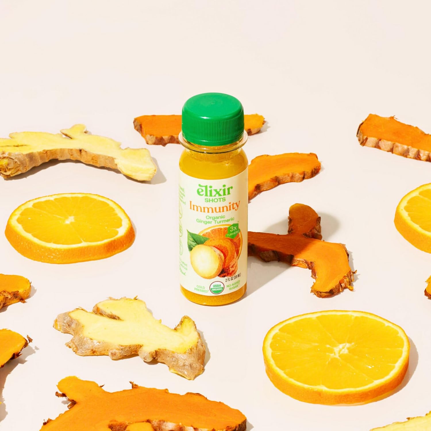 Elixir Shots, Immunity Daily Wellness Shot with Cold-Pressed Turmeric, Ginger, Lemon, Orange and Black Pepper, No Added Sugars or Artificial Ingredients, USDA Organic, 12-pack