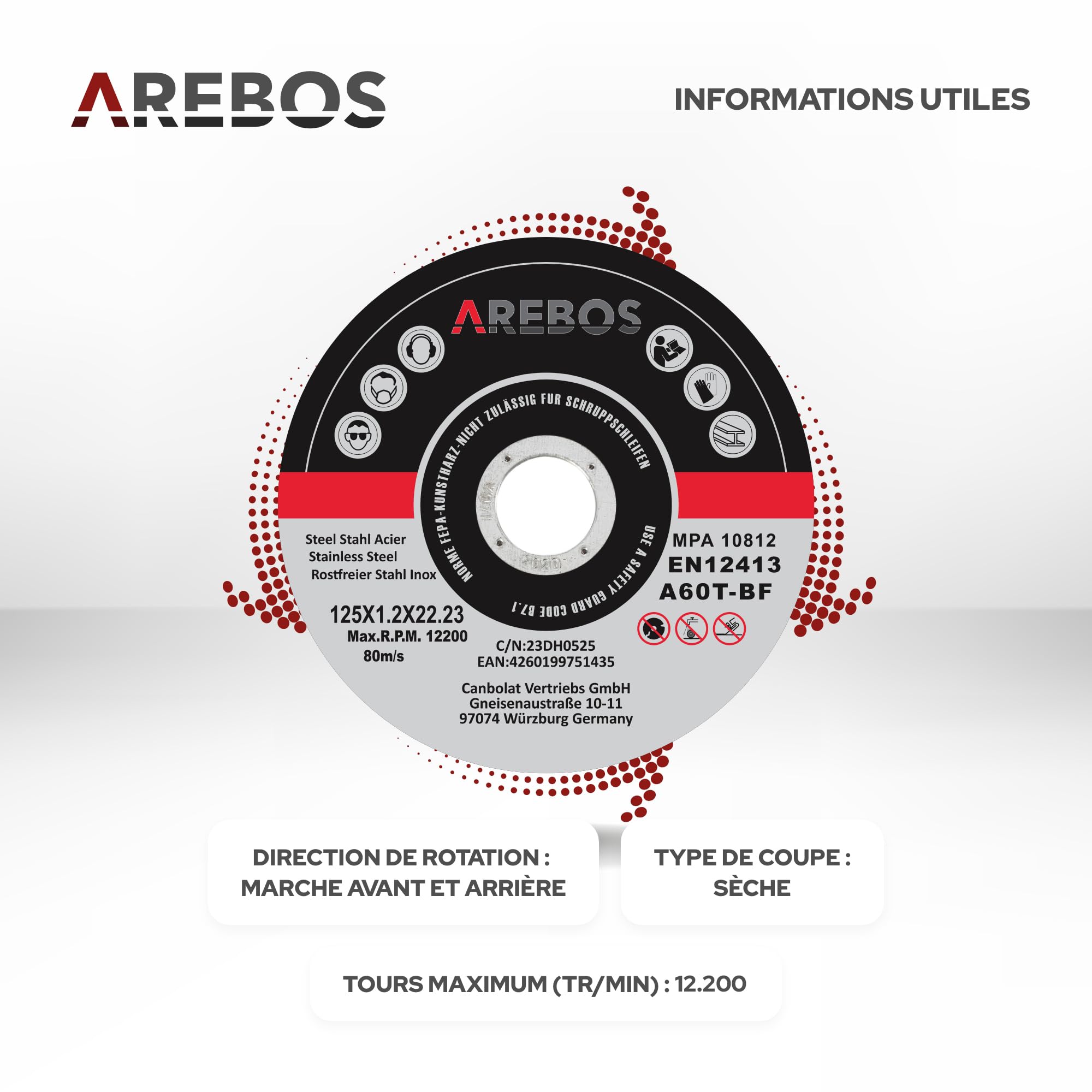 Arebos 200x 125 mm Meule à tronçonner | Fer, Métal, Acier, Inox, Aluminium (125 x 1,0 x 22,2 mm) Disques à tronçonner 125 pour Meuleuse d'Angle