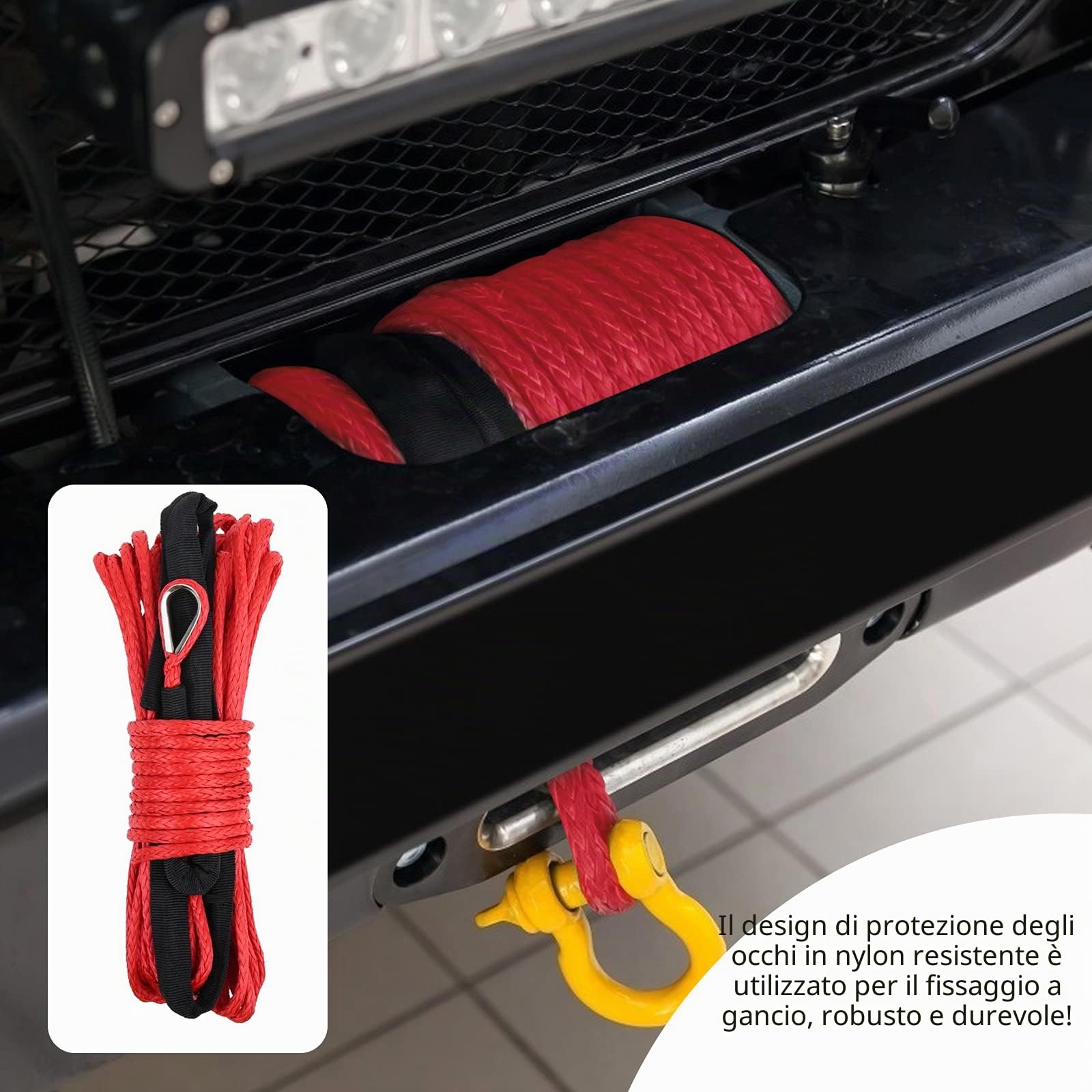 Corda sintetica per argano da 7700 libbre, corda in nylon con guaina per ATV UTV SUV Jeep Camion Barca Sintetico 6 mm x 15 m (1/4" x 50")