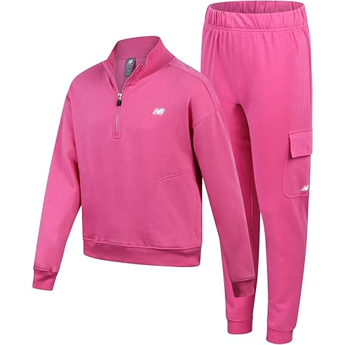 New Balance Girls' Sweatsuit - 2 Piece Active Fleece Zip Sweatshirt and Cargo Sweatpants - Jogger Pants Set for Girls (7-12)