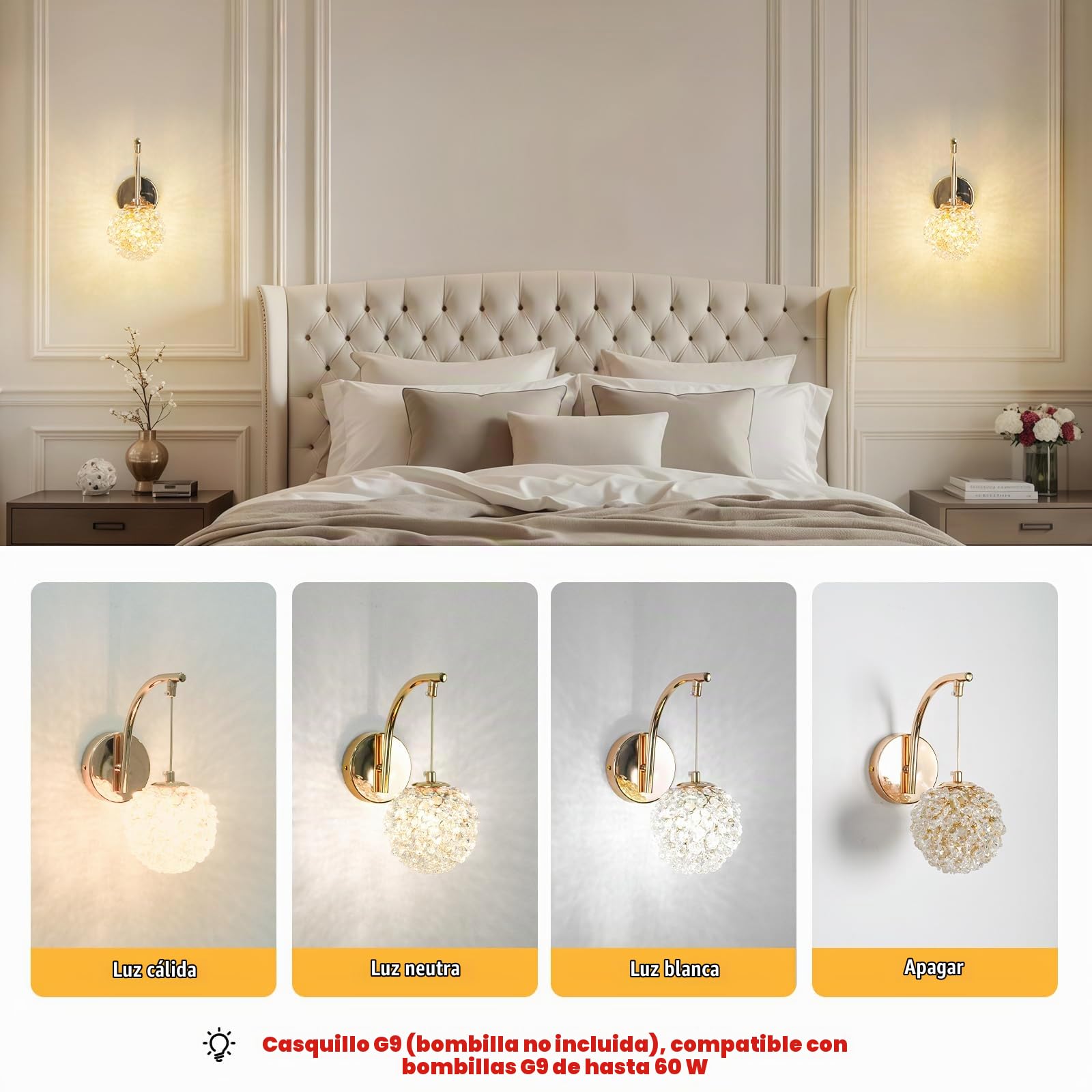 Aplique Pared Cristal Interior Pequeño Nórdico Moderno, Aplique Pared Bola Dorada G9 Romántica con Pantalla Cristal K9 y Cuerpo de Hierro, para Salon Dormitorio Mesita de Noche (Sin Bombilla)