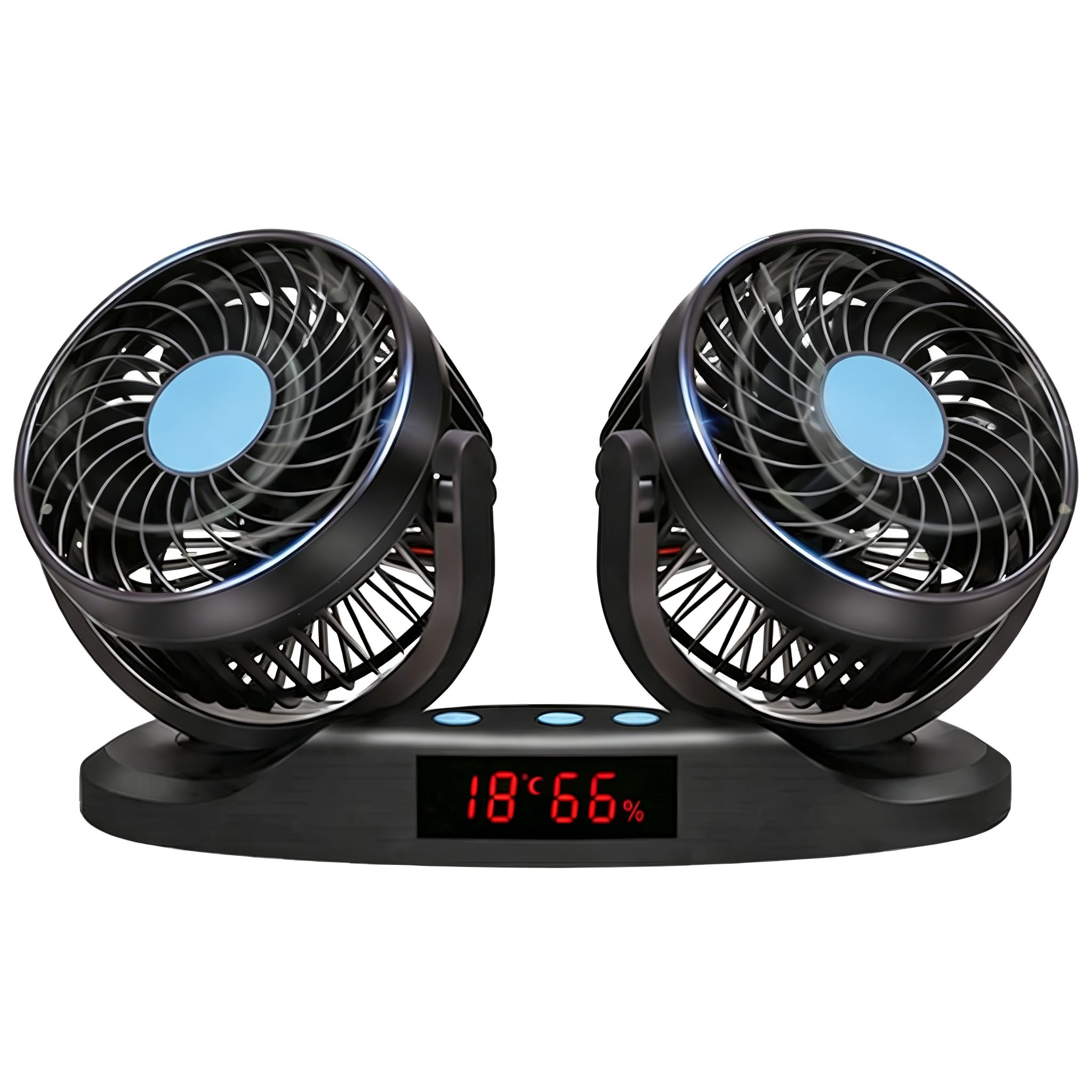 Ventilatore Auto 12V Doppia Testa, Ventilatore Raffreddatore a 12 Velocità con Rotazione a 360°, Ventilatore da Auto da 5" con Display LED Temperatura e Umidità per Camion, SUV, Camper e Barche