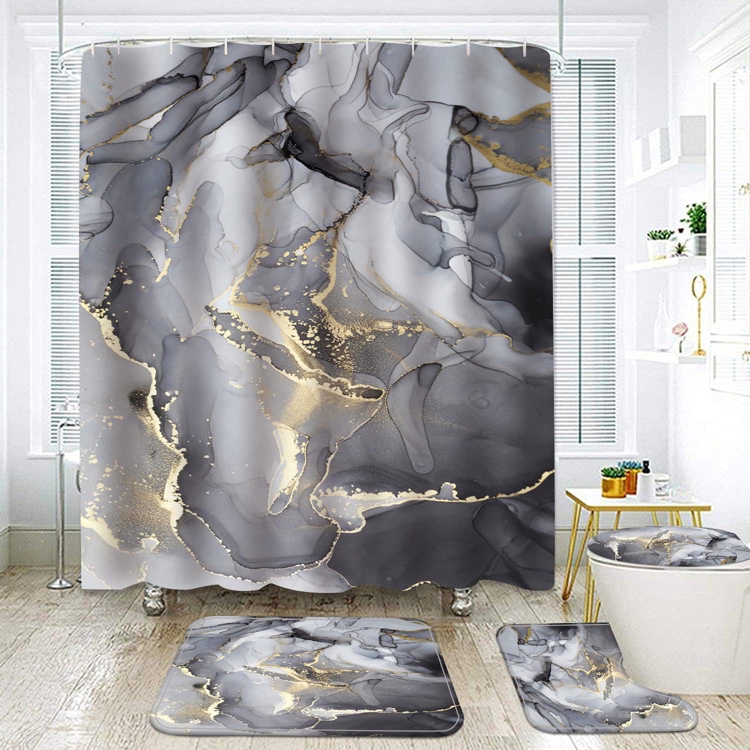 RLHHUG Black Gray Gold Marble Bathroom Sets with Rugs for