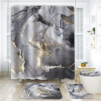 Black Gray Gold Marble Bathroom Sets with Rugs for Bathroom Decor, 72x72 Inches Gold Shower Curtain with Non-Slip Rugs and Accessories, Waterproof Machine Washable Bath Curtain