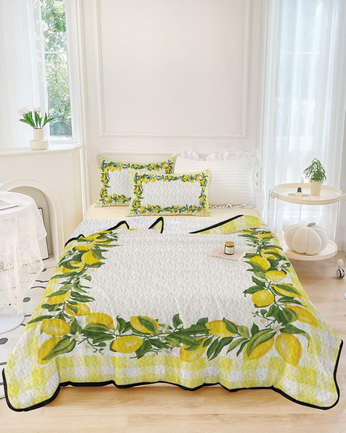 Queen Size Quilt Set, Farm Summer Lemon Lightweight Bedspread Coverlet Set Soft Microfiber Summer Quilt with 2 Pillow Shams, Yellow Check Border 3 Piece Comforter Bedding Set
