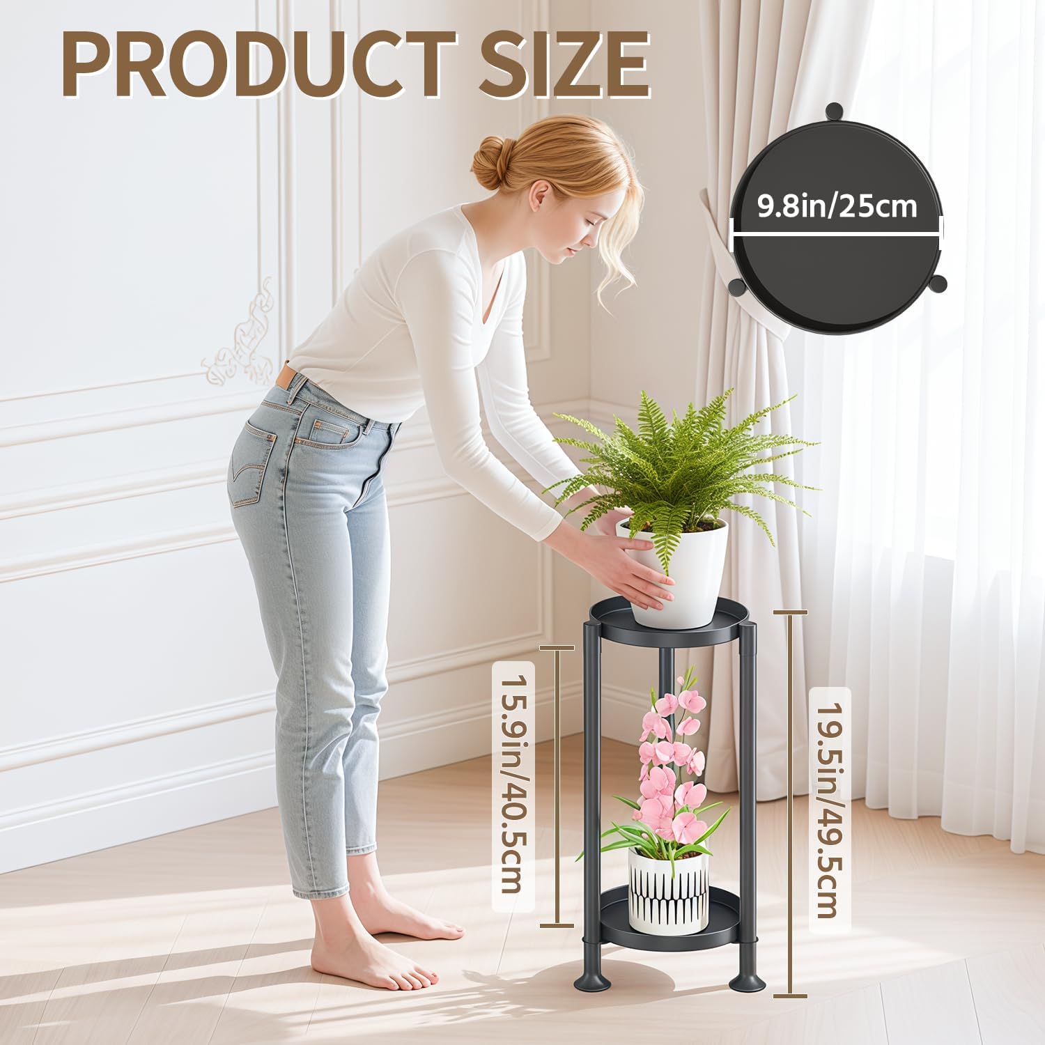 LASZOLA 2 Tier Plant Stand Indoor with Large Metal Tray, Corner Round Flower Holder Rack Tall Outdoor, Morden Planter Display Shelf for Patio Porch Garden Office Living Room, Black